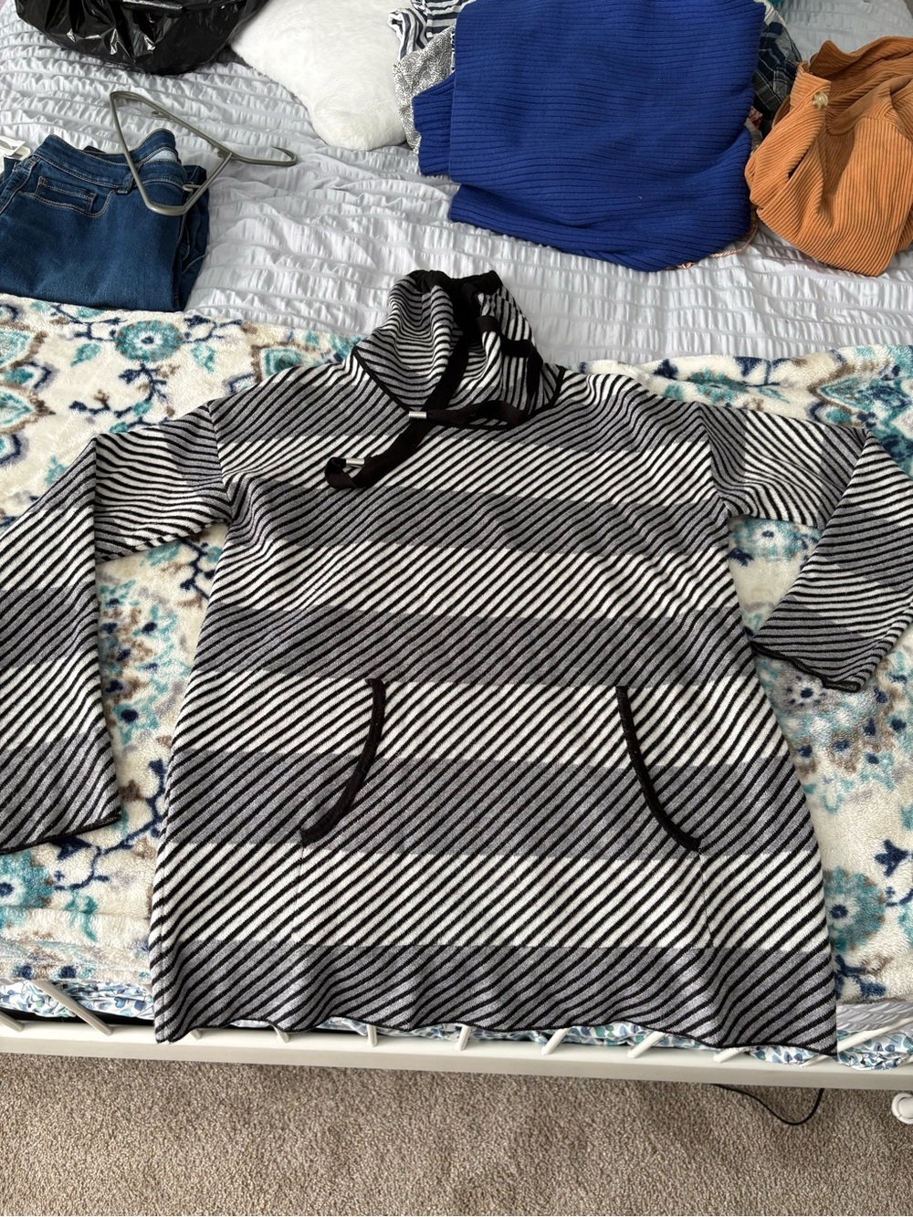 Rachel Zoe Black and White Striped Hoodie Tunic Top